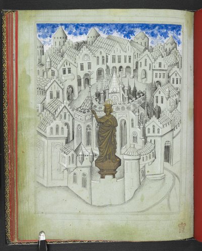 Add 24189, f.9v, Die Stadt Konstantinopel, mit einer großen Statue des Kaisers Justinian vor der Kathedrale von St. Sophia, aus dem 