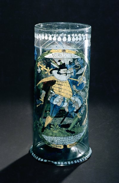 Humpen mit emaillierter Dekoration eines Jägers und einer Frau, c.1594 (Glas) von Bohemian School