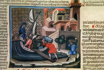 Warenverladung auf ein Schiff, aus dem Manuskript "Justiniano Institutiones Feodorum et Alia", ca. 1300 von Bolognese School
