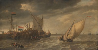 Reisende steigen bei starkem Wind an einem Steg an der Schelde aus von Bonaventura Peeters (I)