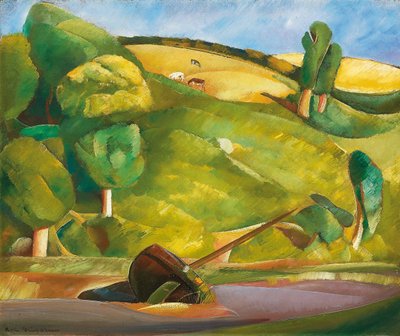 Segelboot in einer kubistischen Landschaft, frühe 1920er von Boris Dmitrievich Grigoriev