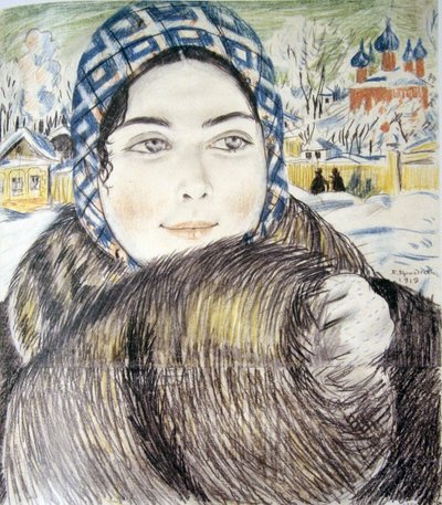 Die Frau eines jungen Kaufmanns mit kariertem Schal - Boris Michaylovich Kustodiev von Boris Mikhailovich Kustodiev
