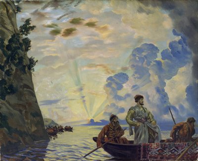 Der Kosakenführer Stepan (Stenka) Timofejewitsch Rasin in einem Boot von Boris Mikhailovich Kustodiev