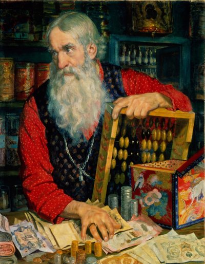 Der Kaufmann alter Mann mit Geld, 1918 von Boris Mikhailovich Kustodiev