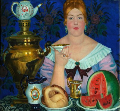Die Kaufmannsfrau trinkt Tee, 1923 von Boris Mikhailovich Kustodiev