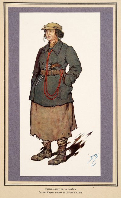 Weiblicher Geheimagent aus Histoire des Soviets, veröffentlicht 1922 (farbige Lithographie) von Boris Vasilievich Zvorykin
