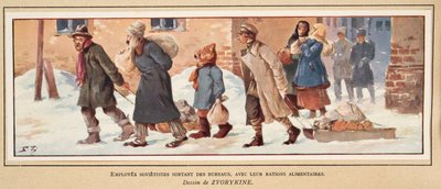 Sowjetische Arbeiter verlassen das Büro mit ihren Essensrationen, aus Histoire des Soviets, veröffentlicht 1922 von Boris Vasilievich Zvorykin