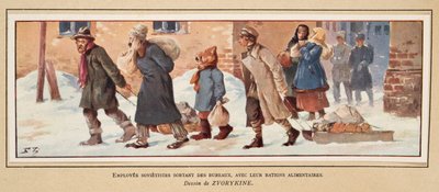 Sowjetische Arbeiter verlassen das Büro mit ihren Essensrationen, aus Histoire des Soviets, veröffentlicht 1922 von Boris Vasilievich Zvorykin