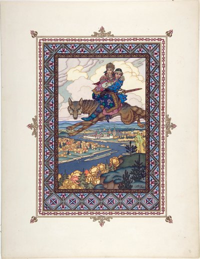 Der Feuervogel und der graue Wolf - Illustration für das Märchen von Iwan Zarewitsch, dem Feuervogel und dem grauen Wolf von Boris Vasilievich Zvorykin