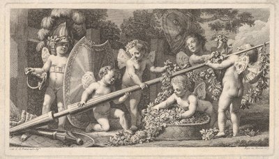 Sechs Putti spielen mit den Waffen des Mars, vier halten eine große Lanze, einer links..., 1769 von Bossi