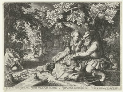 Tod und Amor schießen gegenseitig ihre Pfeile ab und ein alter Mann macht einer jungen Frau den Hof von Boëtius Adamsz. Bolswert