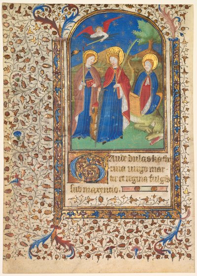 Blatt aus einem Stundenbuch: St. Geneviève, Katharina von Alexandria und Margareta recto, um 1415 von Boucicaut Master