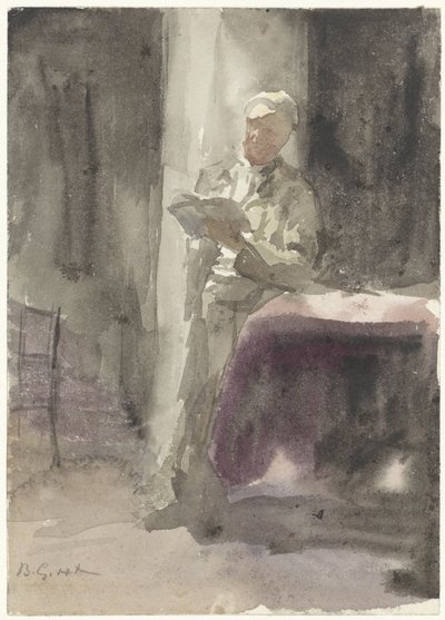 Mann mit einem Buch, stehend an einem Tisch und Fenster von Bramine Hubrecht