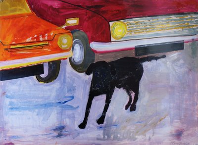 Hund auf dem Gebrauchtwagenplatz, Rex mit rotem Auto von Brenda Brin Booker