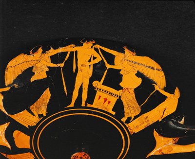 Nike, Siegesgöttin, legt Bänder an einen jungen Athleten an, der neben einem Altar steht von Briseis Painter
