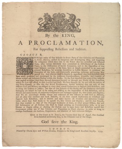 Eine Proklamation zur Unterdrückung der Rebellion..., 23. August 1775 von British School