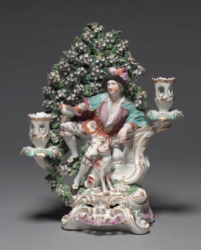 Kandelaber mit Schäfer und Hund, Hersteller Derby Porzellanmanufaktur (Chelsea-Derby Periode), ca. 1775 von British School