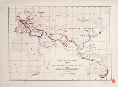 Allgemeine Karte der Telegrafenlinien zwischen Europa, Indien, Australien und China von British School