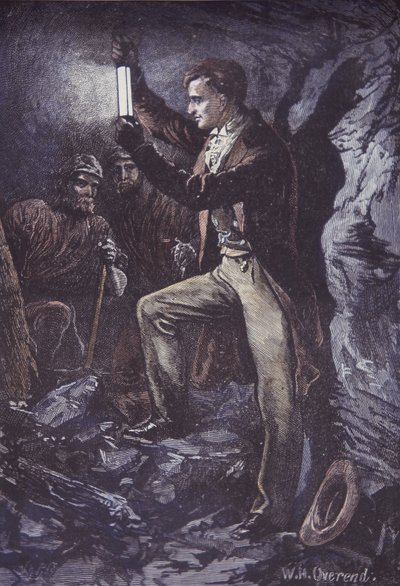 Humphry Davy mit Davy-Sicherheitslampe für Bergleute, erfunden 1815 (handkolorierter Holzstich) von British School