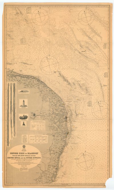 Orford Ness bis Blakeney mit den vorgelagerten Untiefen zwischen Smiths Knoll und dem anderen Dowsing von British School