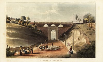 Blick auf Viehtreiber, die Rinder und Schafe zum Smithfield Market unter dem Torbogen am Highgate Hill treiben von British School
