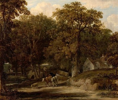 Waldszene mit Brücke und Vieh von British School
