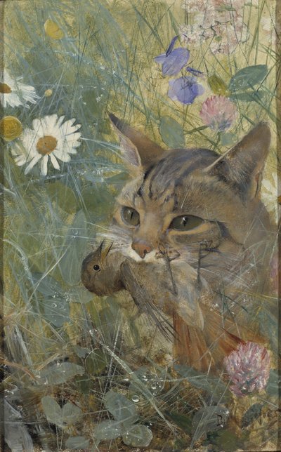 Eine Katze mit einem jungen Vogel im Maul, 1885 von Bruno Andreas Liljefors