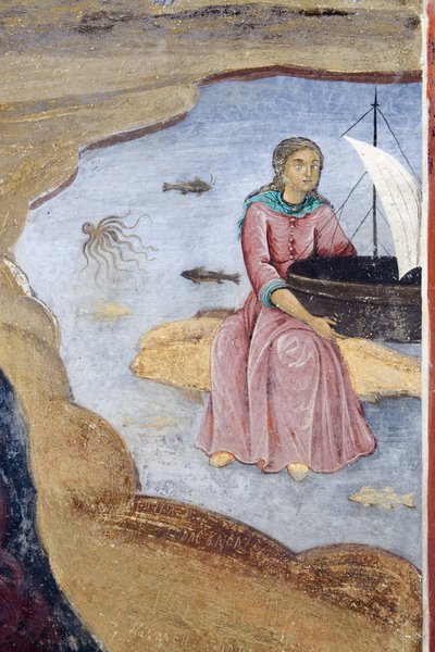 Bulgarien, Rila-Gebirge, Rila-Kloster, Nahaufnahme eines Freskodetails in der Kirche der Geburt der Jungfrau von Bulgarian School