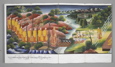 Mönche überqueren einen Fluss, Szenen aus dem Leben Buddhas (Pergament) von Burmese School