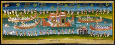 Parabaik-Bild, das ein königliches Fest auf dem Wasser zeigt, Königliche Barkenprozession, Or 16761, f. 35r von Burmese School