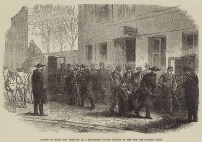 Verhaftung von Megy und Entfernung eines ermordeten Polizisten in der Rue des Moines, Paris von Burn Smeeton