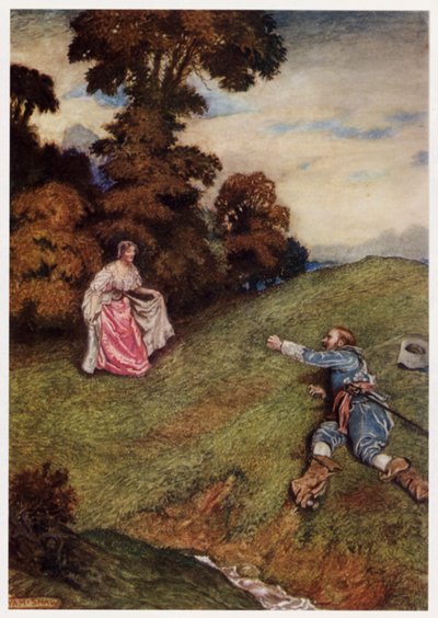 Denn er konnte weder stehen noch gehen, sondern fiel wie ein Krüppel (Farblithografie) von Byam (after) Shaw