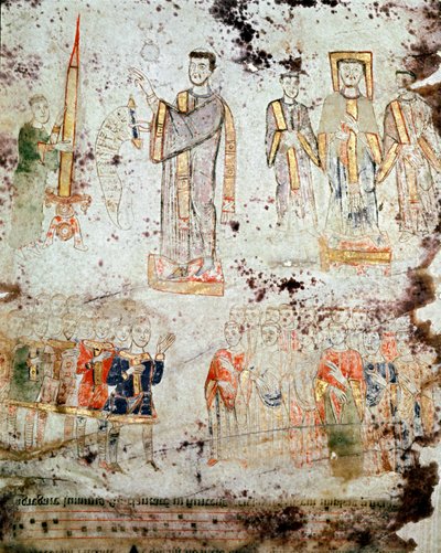Byzantinische Kunst: „Zeremonie der Segnung der Osterkerze in Anwesenheit des Bischofs, der Mitglieder des Klerus und der Herren (Patricius) der Stadt Gaeta in Italien“ Miniatur aus „Exultet“ vom Anfang des 11. Jahrhunderts Museo Diocesano, Gaeta von Byzantine
