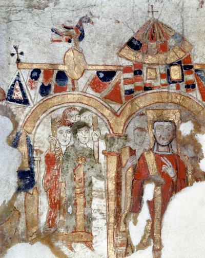 Diakon und Gläubige während einer Prozession zur Kirche. Miniatur aus dem „Exultet“ vom Anfang des 11. Jahrhunderts. Museo Diocesano, Gaeta von Byzantine