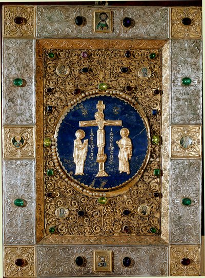 Byzantinische Kunst: Evangelienbuchdeckel mit Goldblättern und Filigrankreuz, das die Jungfrau und den Heiligen Johannes darstellt. 13. Jahrhundert. Venedig, Tesoro di San Marco von Byzantine