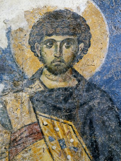 Mercurius von Caesarea, Fragment eines Freskos aus der Kirche St. Maria von Konstantinopel (heute Odalar-Moschee), Istanbul, Türkei. Byzantinische Zivilisation von Byzantine