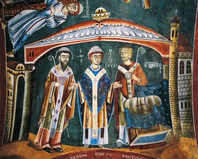 Der heilige Nikolaus wird zum Bischof von Myra geweiht, Detail aus den Geschichten des heiligen Nikolaus, romanisches Fresko, byzantinischer Stil, spätes 11. Jahrhundert, Kapelle des Heiligen Eldrad und des Heiligen Nikolaus, Abtei von Novalesa, Piemont, I von Byzantine