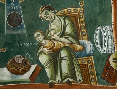 Heiliger Nikolaus verweigert die Milch seiner Mutter, Aus den Geschichten des Lebens des Heiligen Nikolaus, Detail der romanischen Fresken im byzantinischen Stil, spätes 11. Jahrhundert, Kapelle des Heiligen Eldrad und des Heiligen Nikolaus, Abtei von Nova von Byzantine
