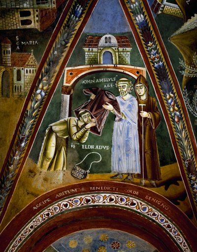 St. Nikolaus, Geschichten aus dem Leben von St. Eldrad und St. Nikolaus, St. Eldrado wendet sich an St. Jakobus von Compostela: Empfang eines Mönchshabits vom Abt von Novalesa (Detail) von Byzantine