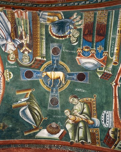 Geschichten aus dem Leben des heiligen Nikolaus, Detail der romanischen Fresken im byzantinischen Stil, spätes 11. Jahrhundert, Kapelle des heiligen Eldrad und des heiligen Nikolaus, Abtei Novalesa, Piemont von Byzantine
