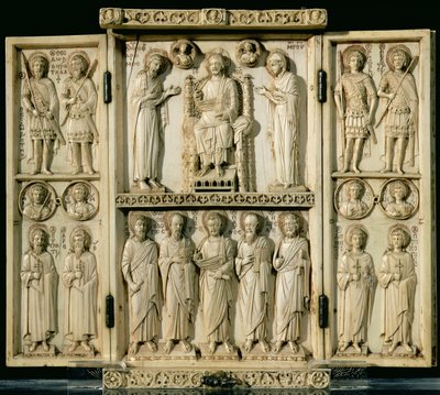 Das Harbaville-Triptychon, das Christus auf dem Thron mit der Jungfrau und Johannes dem Täufer darstellt, andere Tafeln zeigen Heilige, aus Konstantinopel von Byzantine