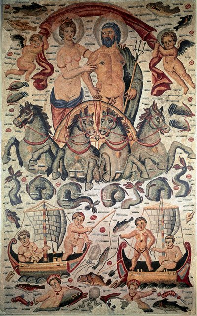 Byzantinische Kunst: Triumph von Neptun und Amphitrite. Neptun und Amphitrite nackt auf einem Wagen, gezogen von vier Seepferdchen. Mosaik des 3. Jahrhunderts. Louvre Museum, Paris von Byzantine Byzantine