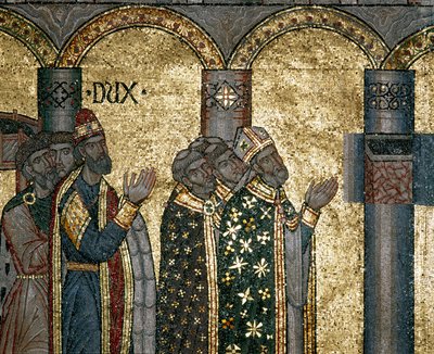 Byzantinische Architektur: Entdeckung der Urne des Heiligen Markus. Detail des Mosaiks auf goldenem Hintergrund. Basilika San Marco, Venedig von Byzantine Byzantine