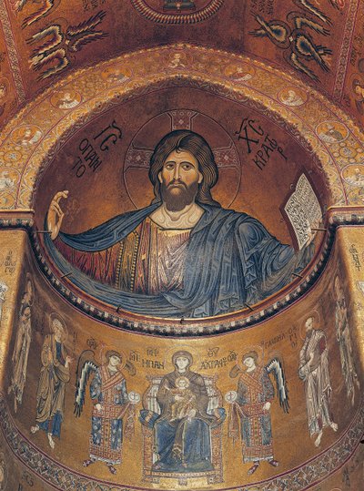 Christus Pantokrator und die Madonna auf dem Thron mit Engeln und Aposteln, aus der zentralen Apsis von Byzantine School