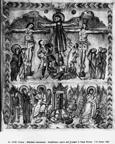 Kreuzigung und Auferstehung, aus den Rabula-Evangelien, 586 n. Chr. von Byzantine School