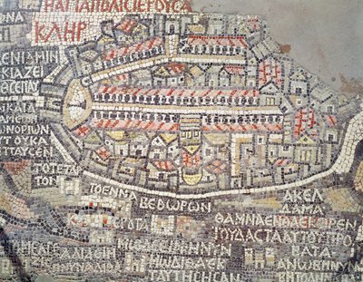 Die Stadt Jerusalem und die Umgebung, Detail aus der Madaba-Mosaikkarte, byzantinisch, 6. Jahrhundert von Byzantine School