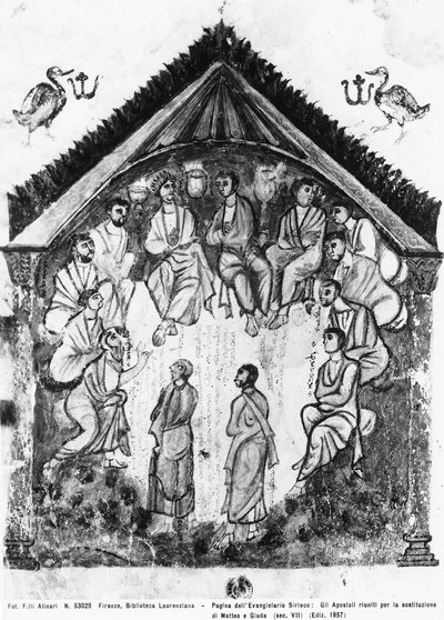 Die Apostel versammeln sich zur Ersetzung von Judas durch Matthias, Folio aus den Rabula-Evangelien, 586 n. Chr. von Byzantine School