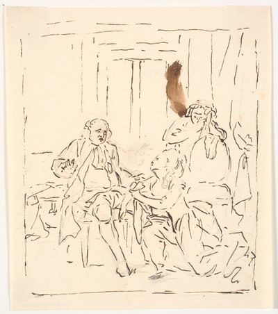 Eine Frau kniet vor einem sitzenden Mann. Im Hintergrund eine weinende Frau, die sich an einen Stuhl lehnt. Theaterszene? von C.A. Lorentzen