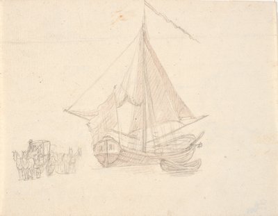 Ein Schiff mit Segel und Wimpel und ein Boot. Links zwei Pferdewagen von C.A. Lorentzen