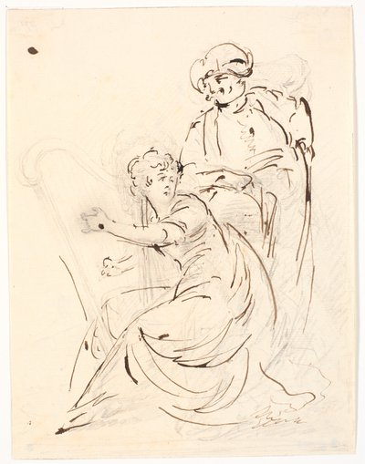 Harfe spielende Dame. Hinter ihr ein Mann mit Turban von C.A. Lorentzen